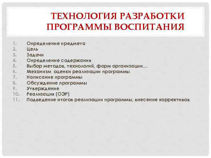 ТЕХНОЛОГИЯ РАЗРАБОТКИ ПРОГРАММЫ ВОСПИТАНИЯ 1. 2. 3. 4. 5. 6. 7. 8. 9. 10.