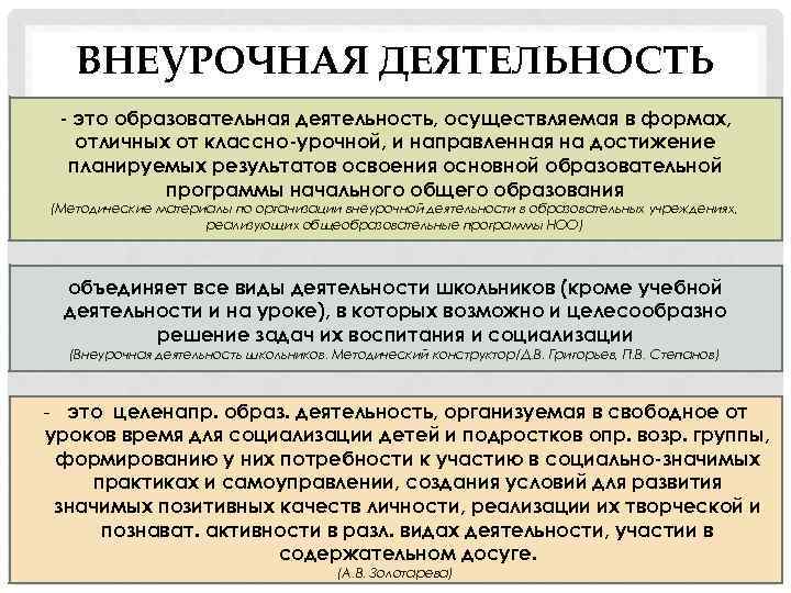 ВНЕУРОЧНАЯ ДЕЯТЕЛЬНОСТЬ - это образовательная деятельность, осуществляемая в формах, отличных от классно-урочной, и направленная