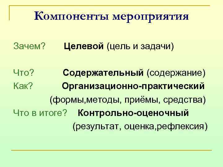 Компоненты мероприятия Зачем? Что? Как? Целевой (цель и задачи) Содержательный (содержание) Организационно-практический (формы, методы,