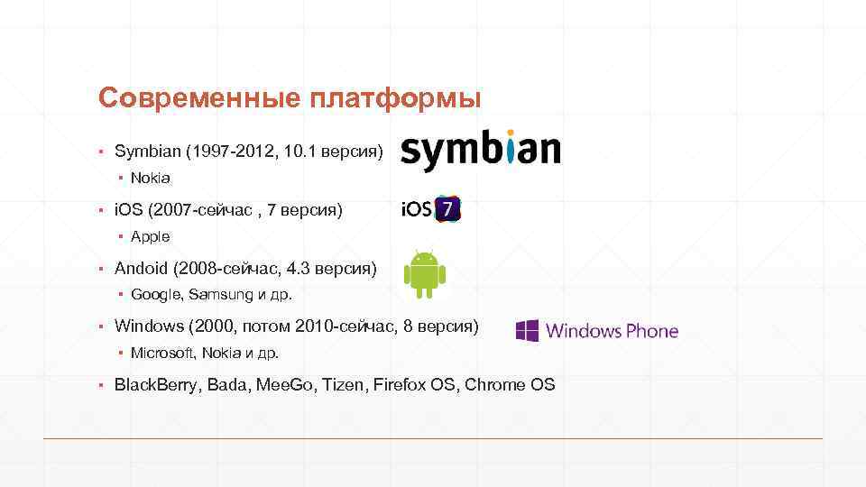 Современные платформы ▪ Symbian (1997 -2012, 10. 1 версия) ▪ Nokia ▪ i. OS