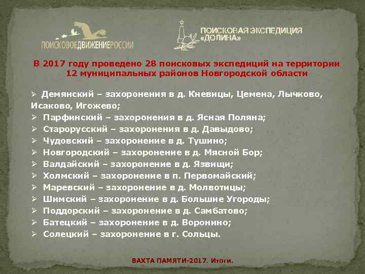 ПОИСКОВАЯ ЭКСПЕДИЦИЯ «ДОЛИНА» В 2017 году проведено 28 поисковых экспедиций на территории 12 муниципальных