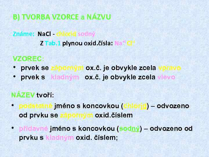 B) TVORBA VZORCE a NÁZVU Známe: Na. Cl - chlorid sodný Z Tab. 1