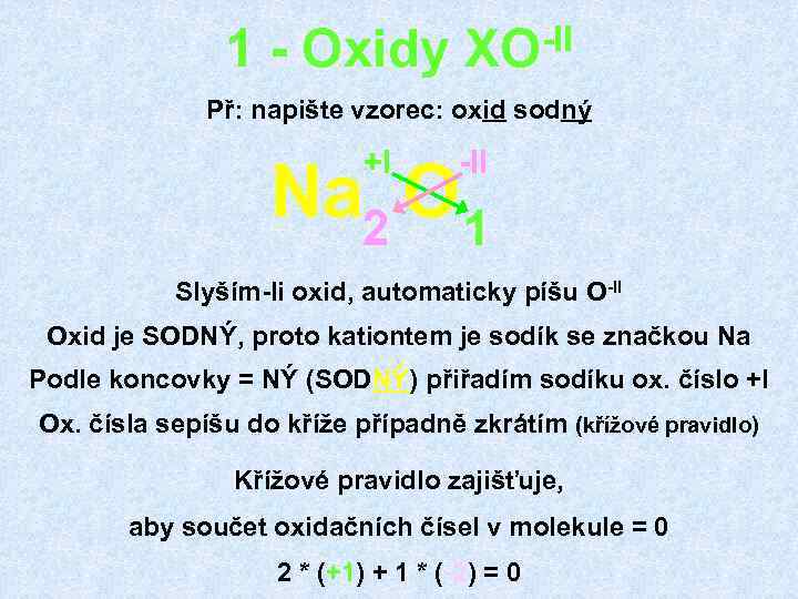 1 - Oxidy -II XO Př: napište vzorec: oxid sodný +I -II Na 2