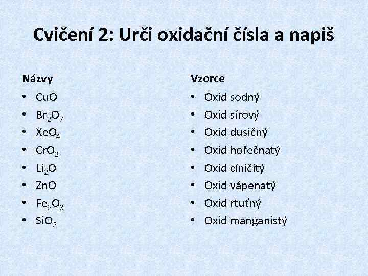 Cvičení 2: Urči oxidační čísla a napiš Názvy • • Cu. O Br 2