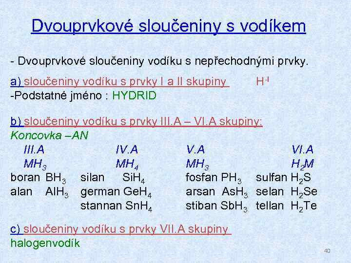 Dvouprvkové sloučeniny s vodíkem - Dvouprvkové sloučeniny vodíku s nepřechodnými prvky. a) sloučeniny vodíku