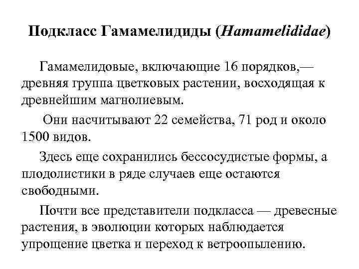 Подкласс Гамамелидиды (Hamamelididae) Гамамелидовые, включающие 16 порядков, — древняя группа цветковых растении, восходящая к