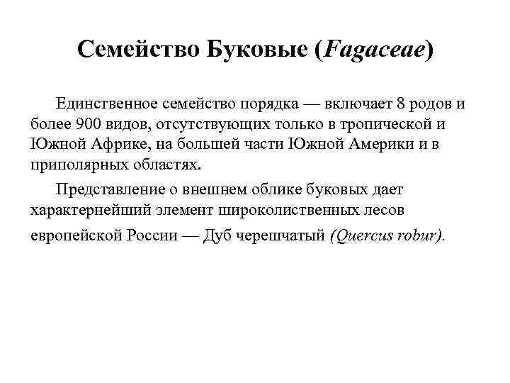 Семейство Буковые (Fagaceae) Единственное семейство порядка — включает 8 родов и более 900 видов,