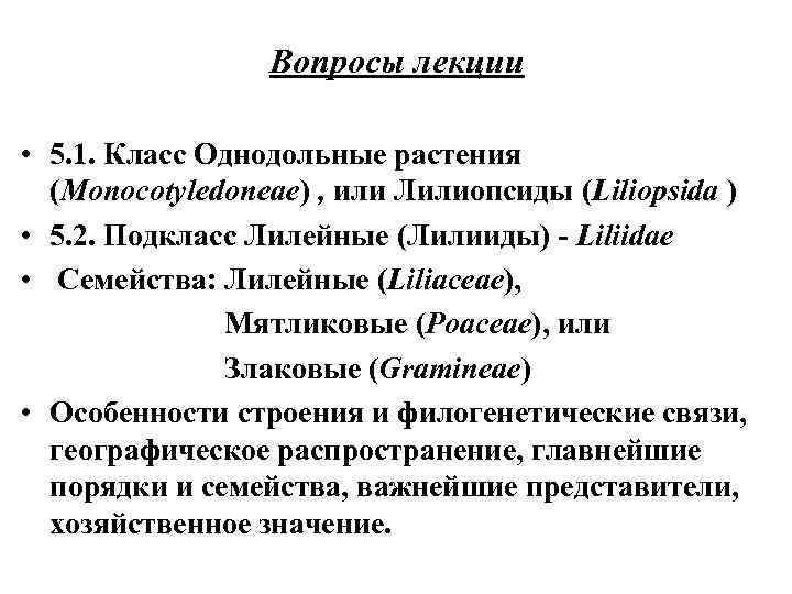 Вопросы лекции • 5. 1. Класс Однодольные растения (Monocotyledoneae) , или Лилиопсиды (Liliopsida )