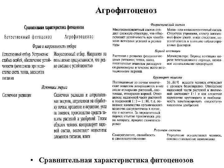 Агрофитоценоз • Сравнительная характеристика фитоценозов 