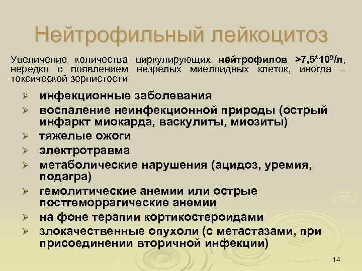 Нейтрофильный лейкоцитоз Увеличение количества циркулирующих нейтрофилов >7, 5*109/л, нередко с появлением незрелых миелоидных клеток,