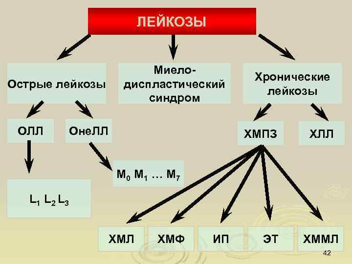 ЛЕЙКОЗЫ Острые лейкозы ОЛЛ Миелодиспластический синдром Оне. ЛЛ Хронические лейкозы ХМПЗ ХЛЛ М 0