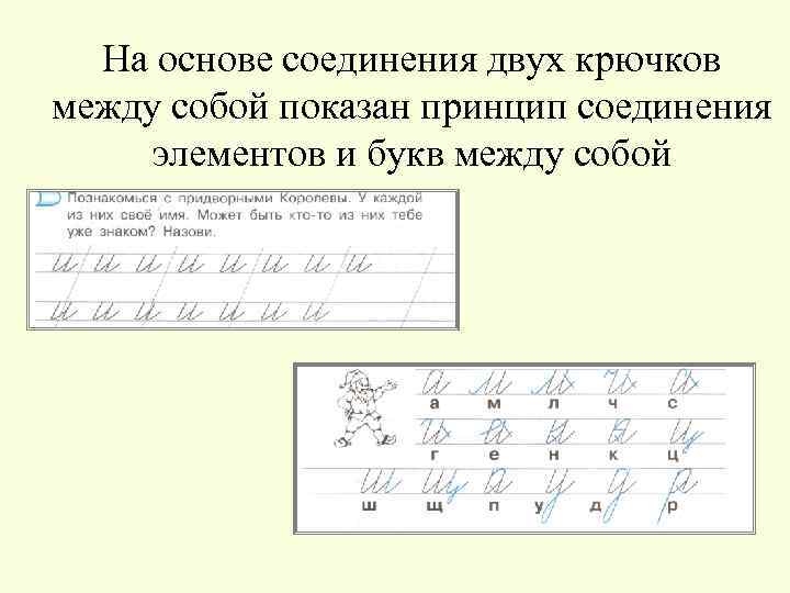 На основе соединения двух крючков между собой показан принцип соединения элементов и букв между