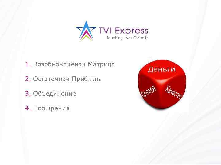 1. Возобновляемая Матрица 2. Остаточная Прибыль 3. Объединение 4. Поощрения 