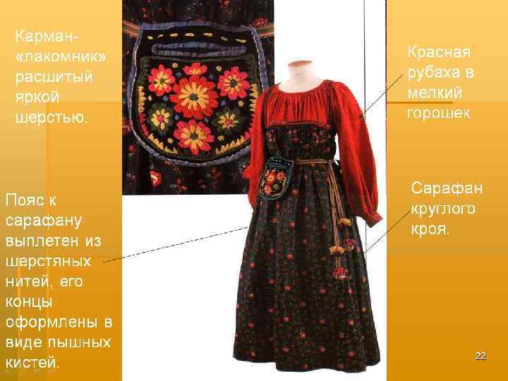 Карман «лакомник» расшитый яркой шерстью. Пояс к сарафану выплетен из шерстяных нитей, его концы