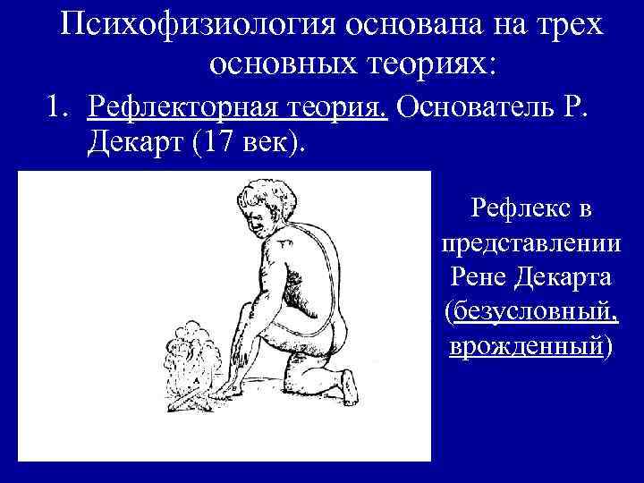 Психофизиология основана на трех основных теориях: 1. Рефлекторная теория. Основатель Р. Декарт (17 век).