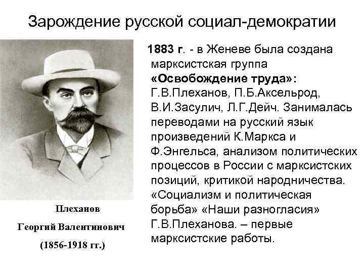 Зарождение русской социал-демократии Плеханов Георгий Валентинович (1856 -1918 гг. ) 1883 г. - в