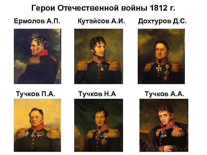 Герои Отечественной войны 1812 г. Ермолов А. П. Кутайсов А. И. Тучков П. А.