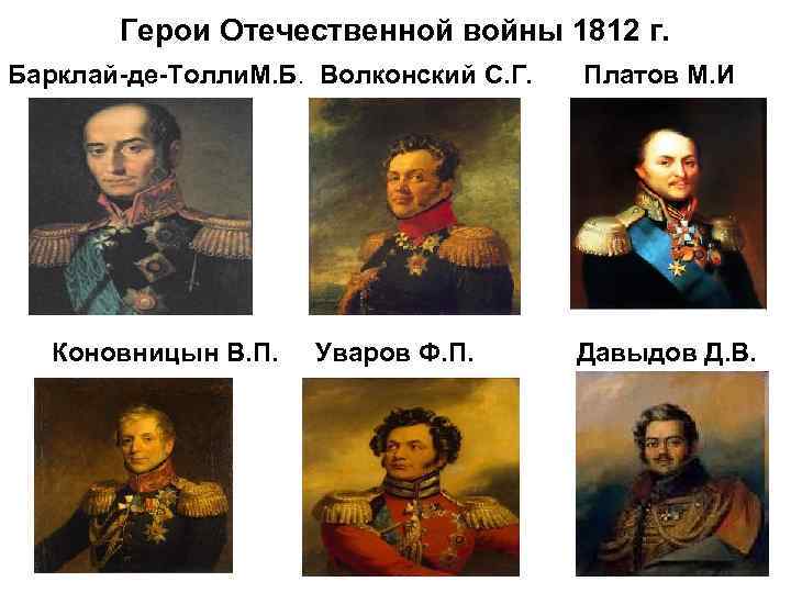 Герои Отечественной войны 1812 г. Барклай-де-Толли. М. Б. Волконский С. Г. Коновницын В. П.