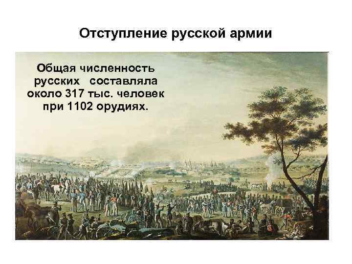 Отступление русской армии Общая численность русских составляла около 317 тыс. человек при 1102 орудиях.