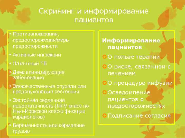 Скрининг и информирование пациентов • Противопоказания, предостережения/меры предосторожности Информирование пациентов • Активные инфекции О