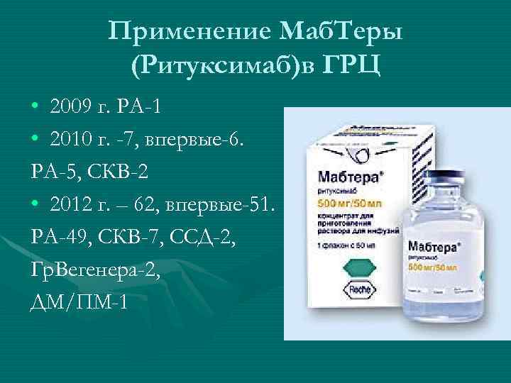 Применение Маб. Теры (Ритуксимаб)в ГРЦ • 2009 г. РА-1 • 2010 г. -7, впервые-6.
