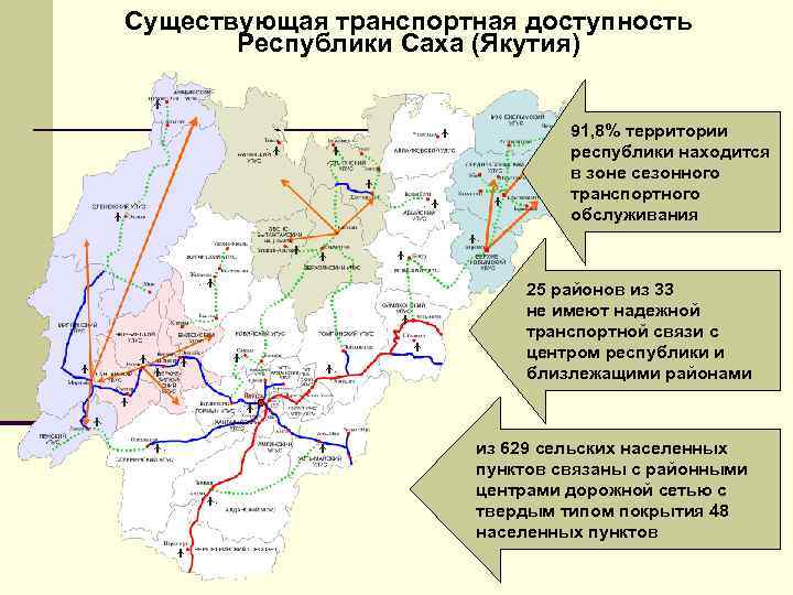 Существующая транспортная доступность Республики Саха (Якутия) 91, 8% территории республики находится в зоне сезонного