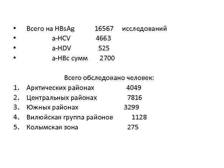  • • Всего на HBs. Ag 16567 исследований a-HCV 4663 a-HDV 525 a-HBc