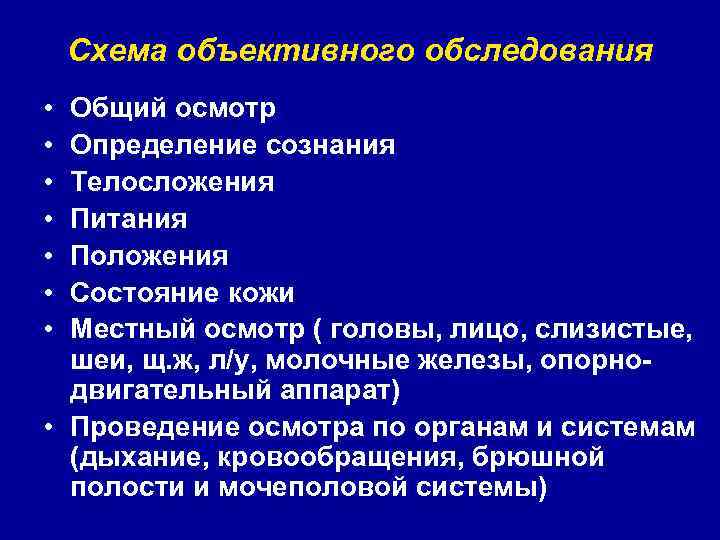 Схема объективного обследования • • Общий осмотр Определение сознания Телосложения Питания Положения Состояние кожи