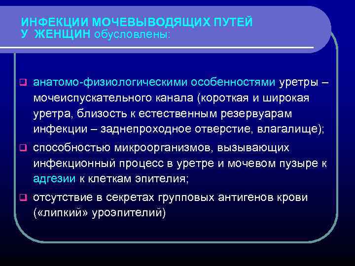 ИНФЕКЦИИ МОЧЕВЫВОДЯЩИХ ПУТЕЙ У ЖЕНЩИН обусловлены: q анатомо-физиологическими особенностями уретры – мочеиспускательного канала (короткая