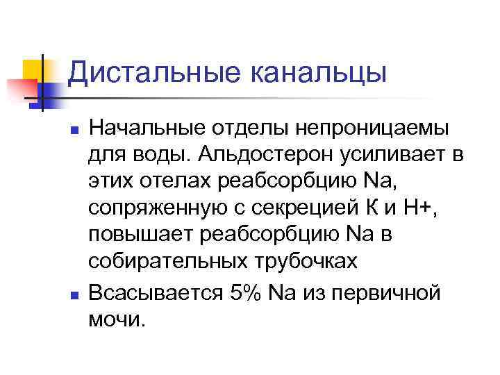 Дистальные канальцы n n Начальные отделы непроницаемы для воды. Альдостерон усиливает в этих отелах
