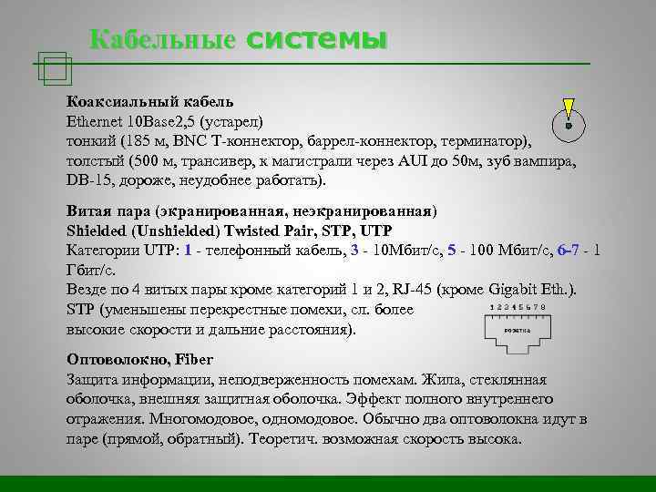 Кабельные системы Коаксиальный кабель Ethernet 10 Base 2, 5 (устарел) тонкий (185 м, BNC