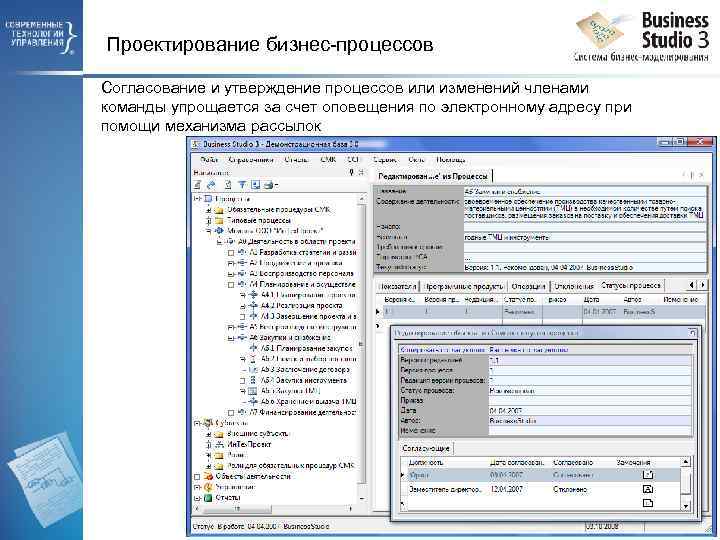 Проектирование бизнес-процессов Согласование и утверждение процессов или изменений членами команды упрощается за счет оповещения