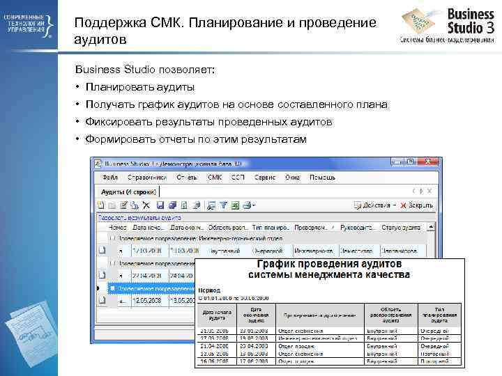 Поддержка СМК. Планирование и проведение аудитов Business Studio позволяет: • Планировать аудиты • Получать