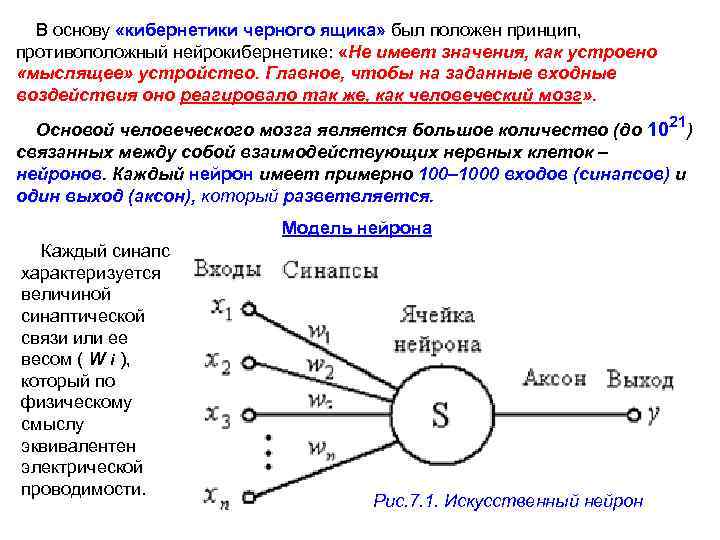  В основу «кибернетики черного ящика» был положен принцип, противоположный нейрокибернетике: «Не имеет значения,