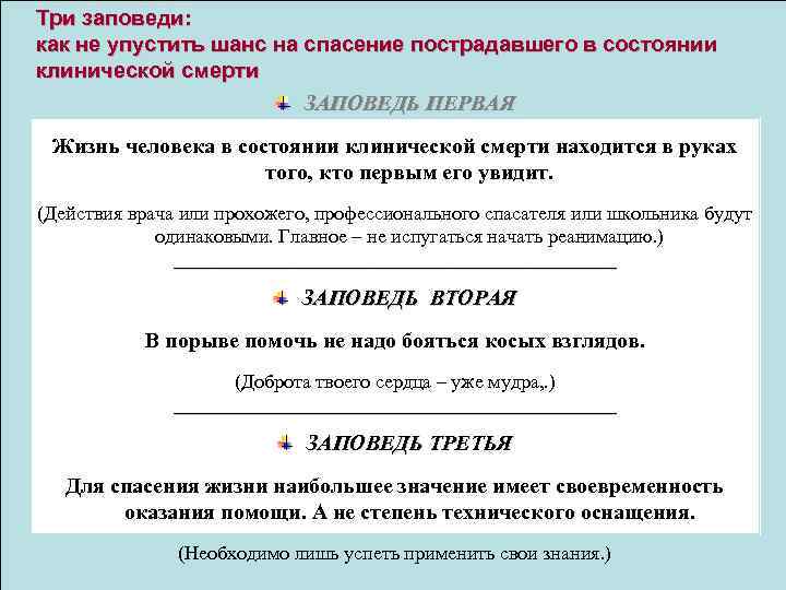 Три заповеди: как не упустить шанс на спасение пострадавшего в состоянии клинической смерти ЗАПОВЕДЬ