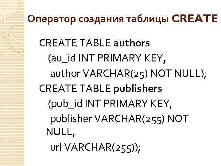 Оператор создания таблицы CREATE TABLE authors (au_id INT PRIMARY KEY, author VARCHAR(25) NOT NULL);