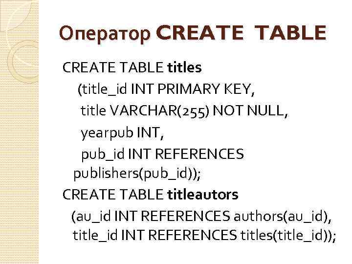 Оператор CREATE TABLE titles (title_id INT PRIMARY KEY, title VARCHAR(255) NOT NULL, yearpub INT,