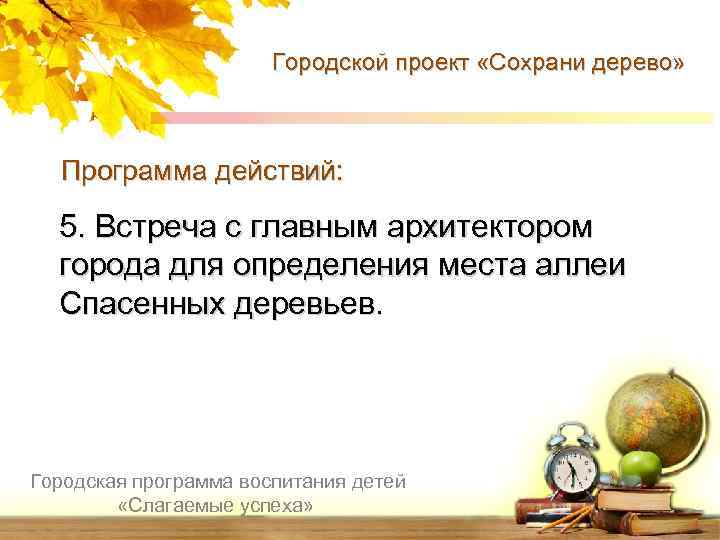 Городской проект «Сохрани дерево» Программа действий: 5. Встреча с главным архитектором города для определения