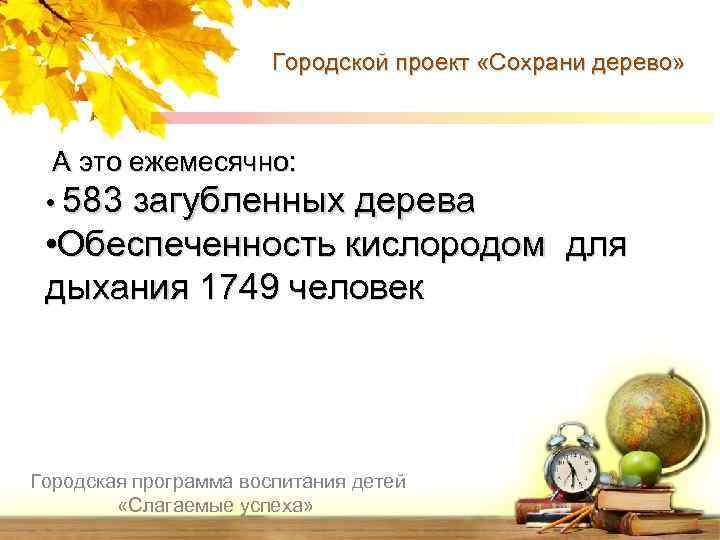 Городской проект «Сохрани дерево» А это ежемесячно: • 583 загубленных дерева • Обеспеченность кислородом