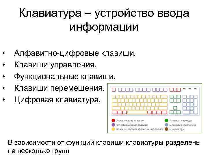 Клавиатура – устройство ввода информации • • • Алфавитно-цифровые клавиши. Клавиши управления. Функциональные клавиши.
