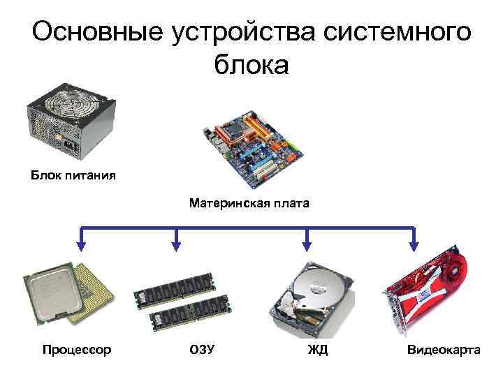 Основные устройства системного блока Блок питания Материнская плата Процессор ОЗУ ЖД Видеокарта 