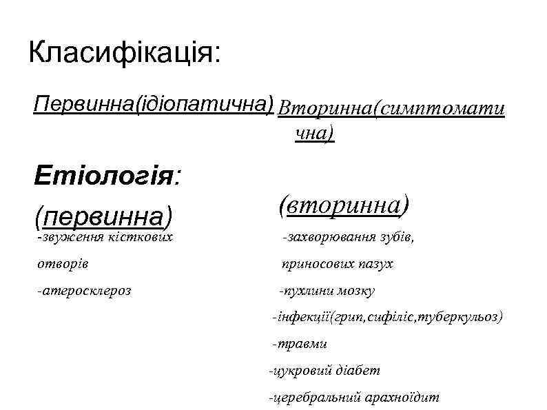 Класифікація: Первинна(ідіопатична) Вторинна(симптомати чна) Етіологія: (первинна) (вторинна) -звуження кісткових -захворювання зубів, отворів приносових пазух