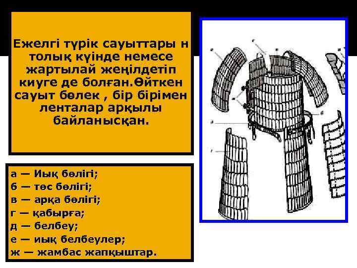 Ежелгі түрік сауыттары н толық күінде немесе жартылай жеңілдетіп киуге де болған. Өйткен сауыт