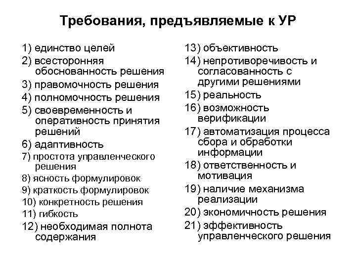 Требования, предъявляемые к УР 1) единство целей 2) всесторонняя обоснованность решения 3) правомочность решения