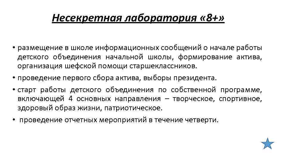Несекретная лаборатория « 8+» • размещение в школе информационных сообщений о начале работы детского