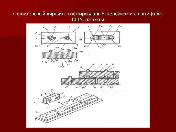 Строительный кирпич с гофрированным желобком и со штифтом, США, патенты 