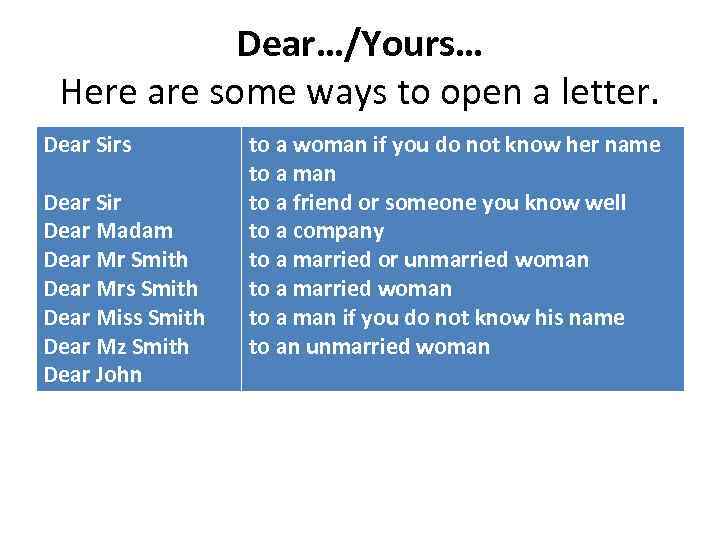 Dear…/Yours… Here are some ways to open a letter. Dear Sirs Dear Sir Dear