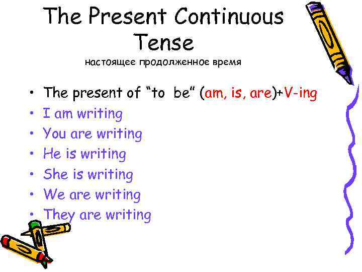 The Present Continuous Tense настоящее продолженное время • • The present of “to be”