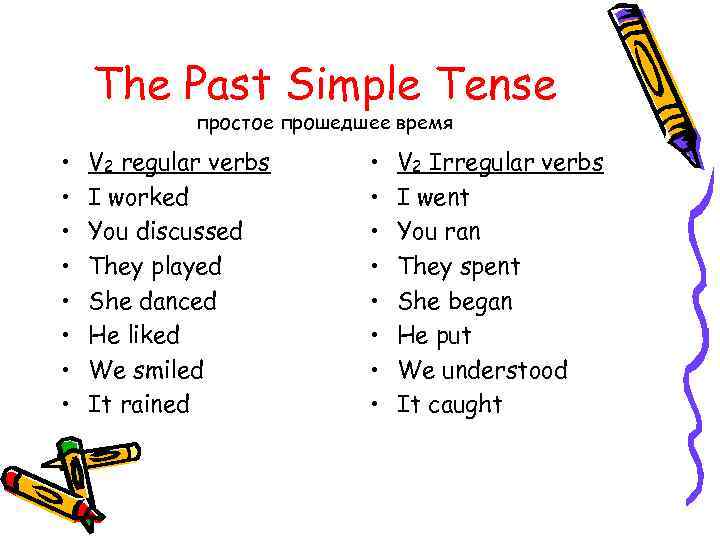 The Past Simple Tense простое прошедшее время • • V 2 regular verbs I