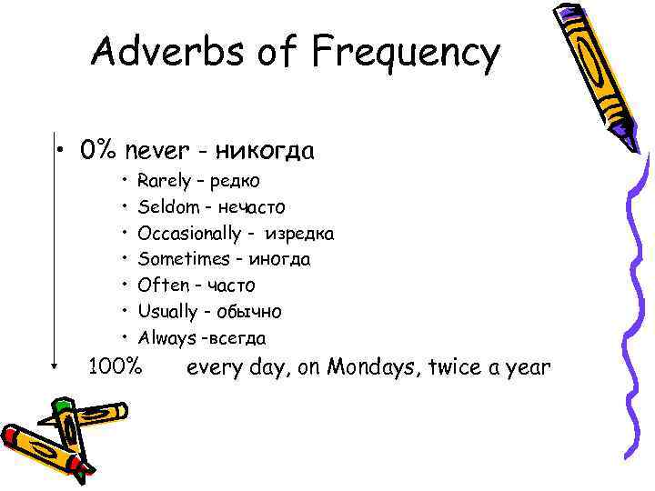 Adverbs of Frequency • 0% never - никогда • • Rarely – редко Seldom